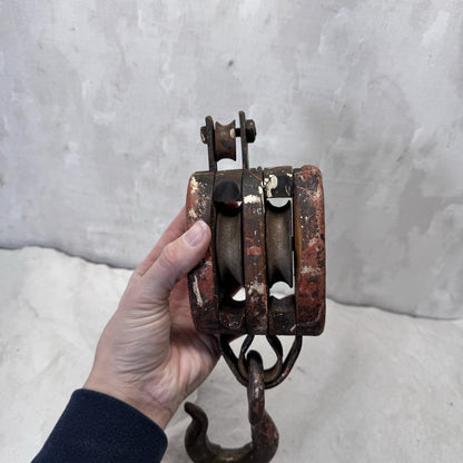 Double Wooden Pulley Metal Hook Vintage 