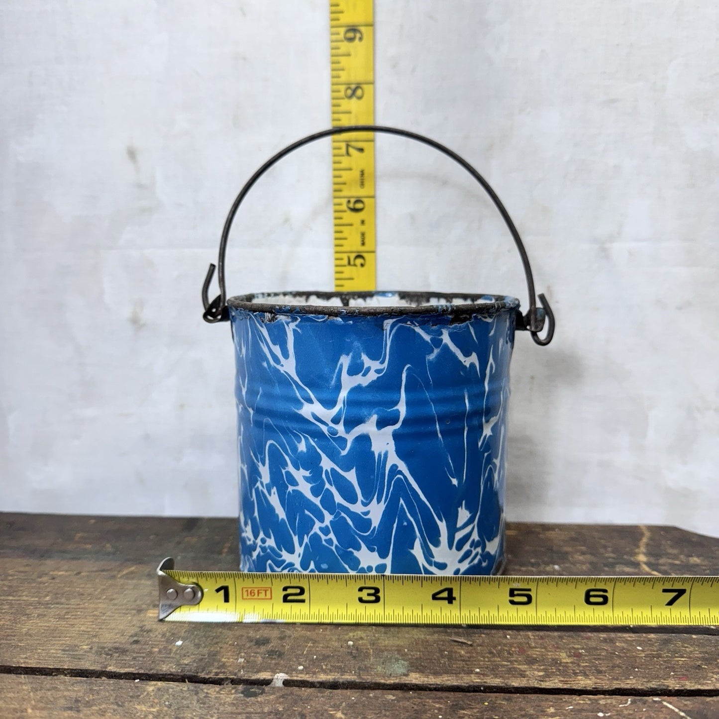 Blue White Swirl Mottled Splatter Enamelware Mini Berry Bucket Vintage