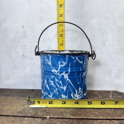 Blue White Swirl Mottled Splatter Enamelware Mini Berry Bucket Vintage