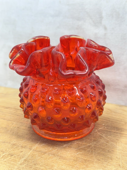 Vintage Fenton Hobnail Amberina Ruffled Bowl #1461