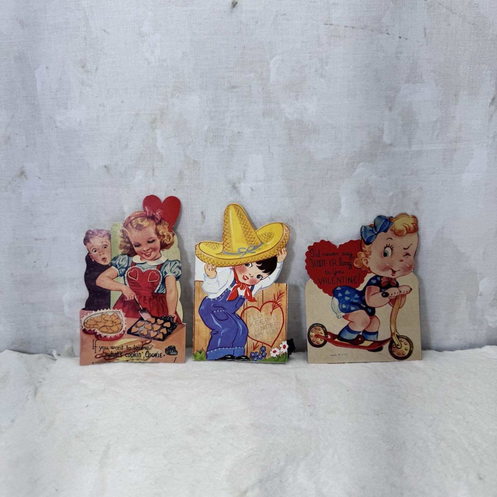 Three Vintage Paper Valentines Day Cards 