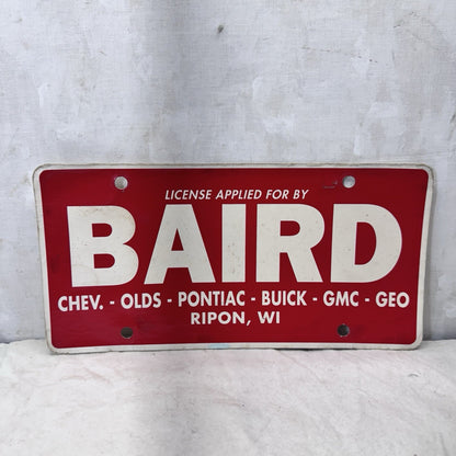 Baird Paper License Plate Dealership Plate Ripon Wisconsin Vintage 