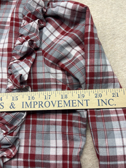 1970s Women’s Ruffled Red & Grey Flannel L Sleeve Top