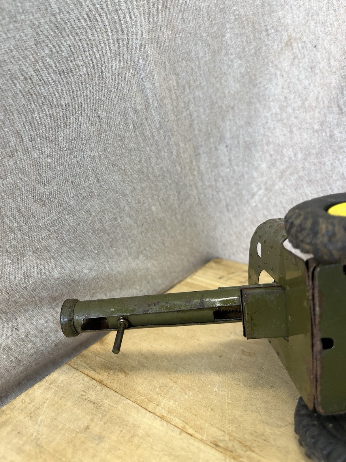 Vintage Tin Friction Jeep W/ Toy Working Spring Howitzer Gun