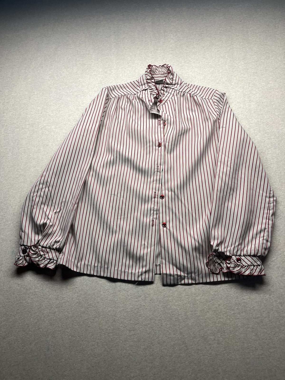 1970s, 80s Women’s Ruffled Red Striped L Sleeve Cotton Top