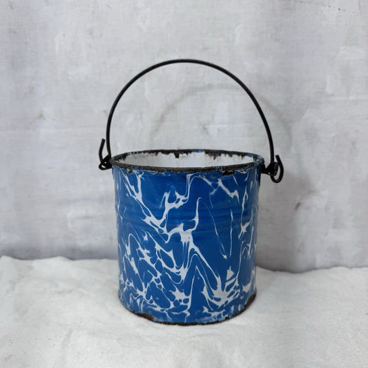 Blue White Swirl Mottled Splatter Enamelware Mini Berry Bucket Vintage
