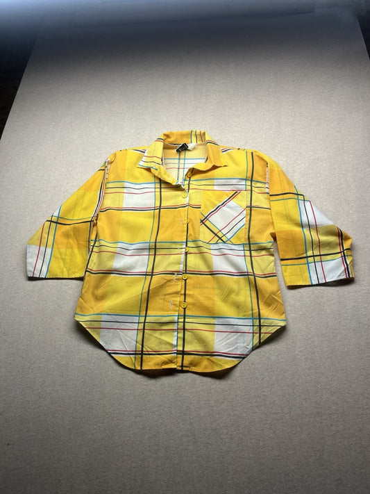 1960s Women’s Yellow Plaid Padded Shoulders Cotton Shirt