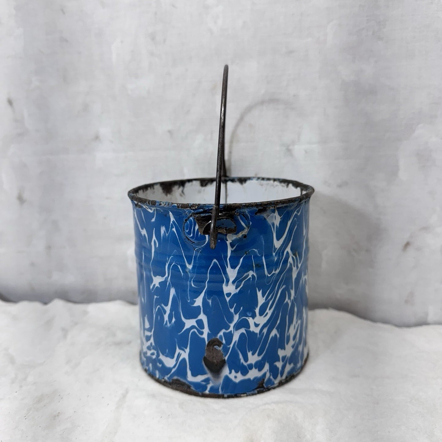 Blue White Swirl Mottled Splatter Enamelware Mini Berry Bucket Vintage