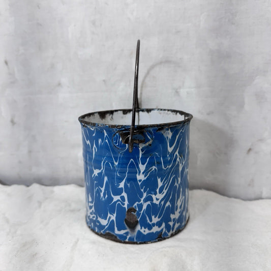 Blue White Swirl Mottled Splatter Enamelware Mini Berry Bucket Vintage