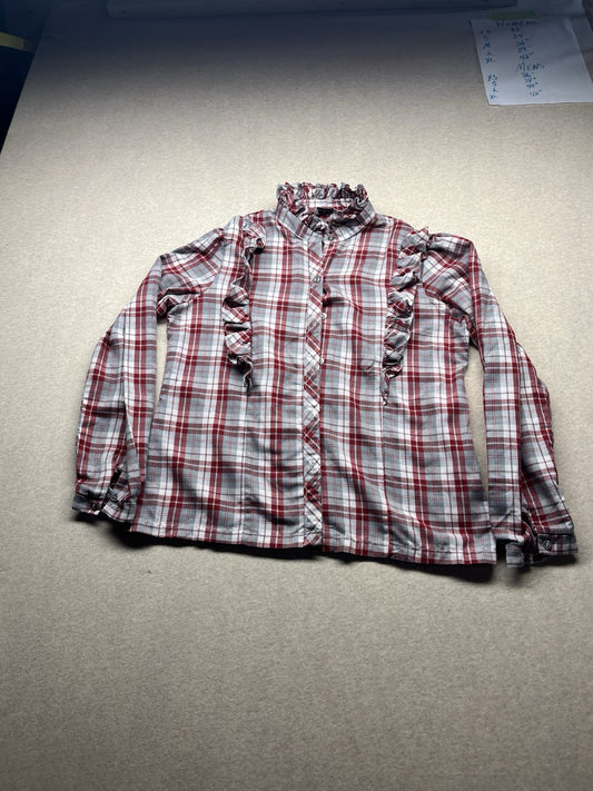 1970s Women’s Ruffled Red & Grey Flannel L Sleeve Top