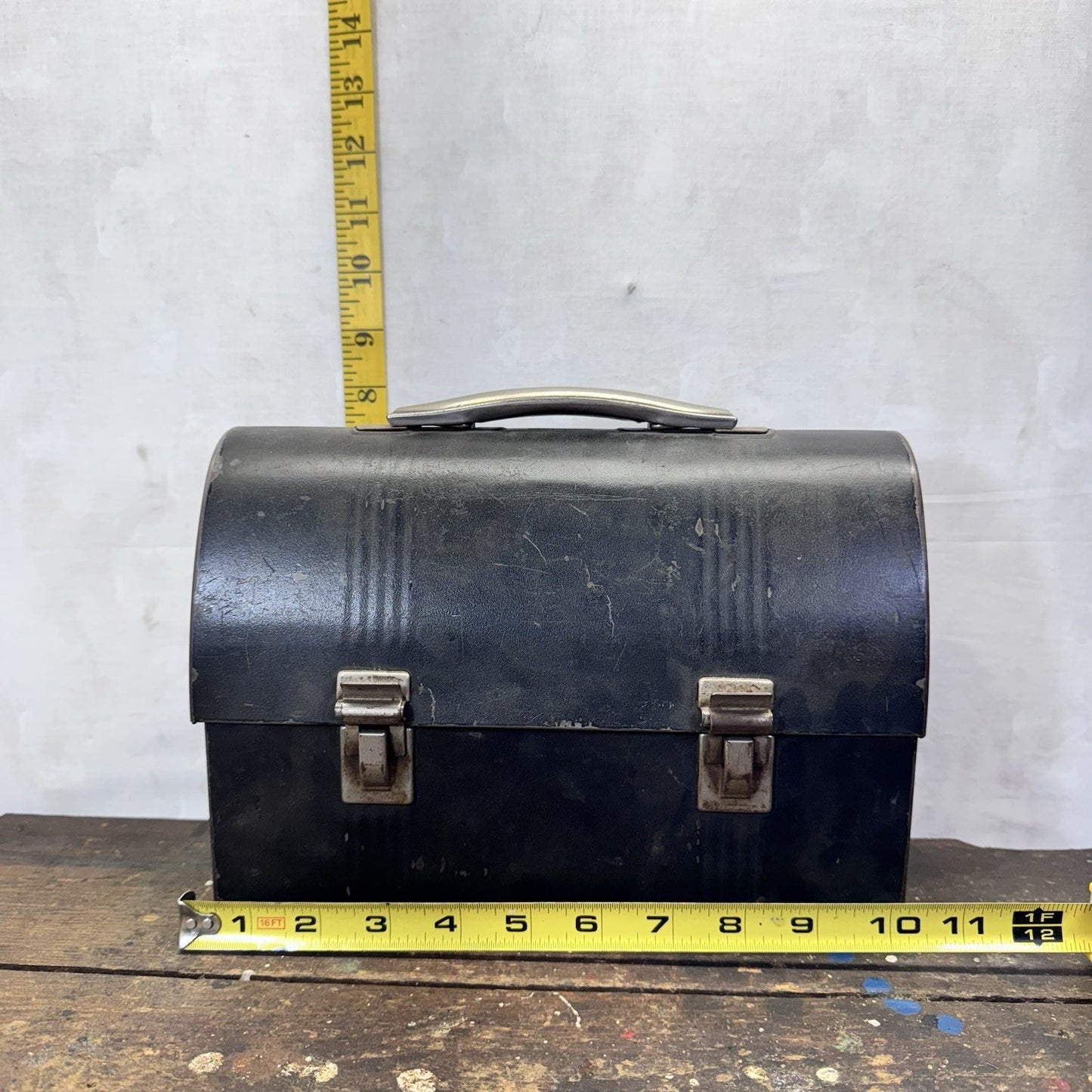 Tin Work Lunch Box Black Vintage Dome Top