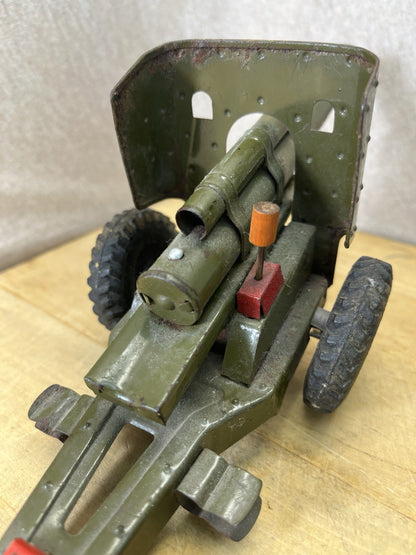 Vintage Tin Friction Jeep W/ Toy Working Spring Howitzer Gun