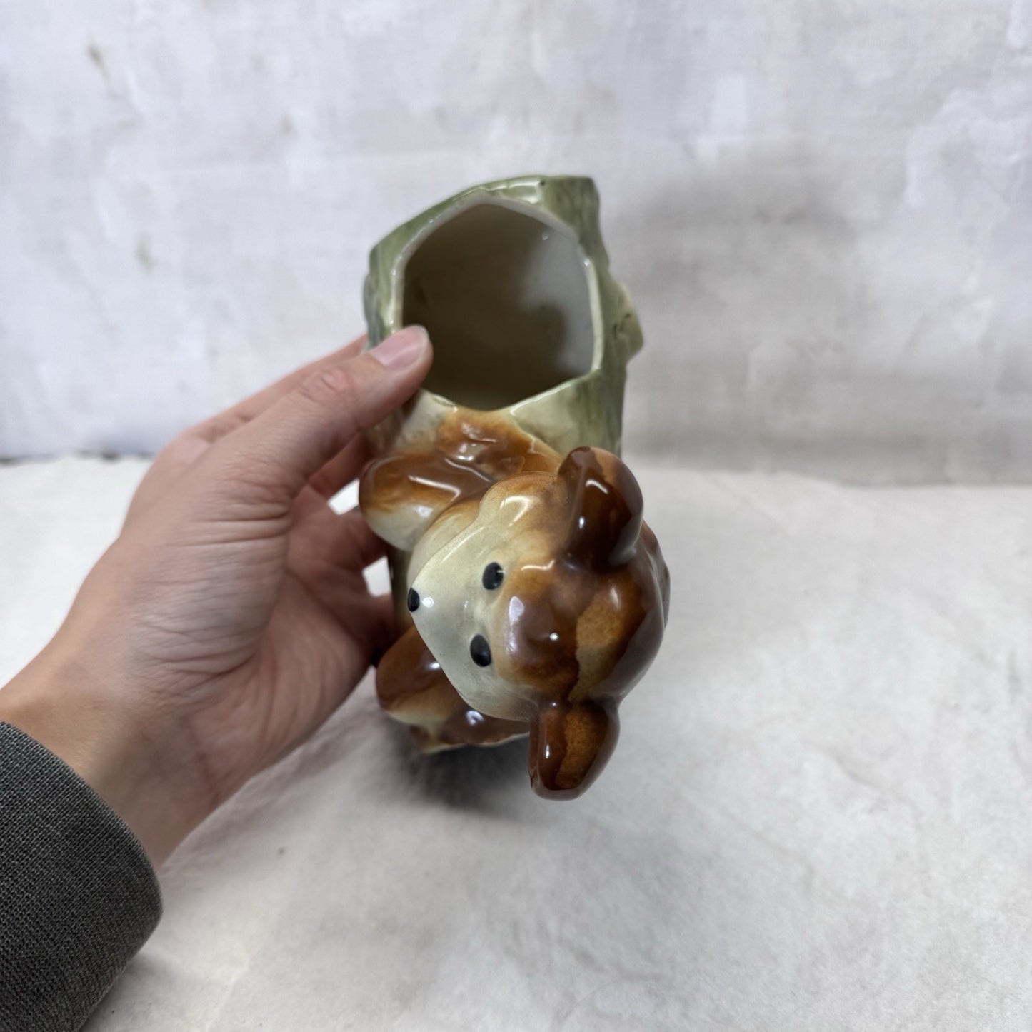 Bear On Log Planter Vintage Ceramic