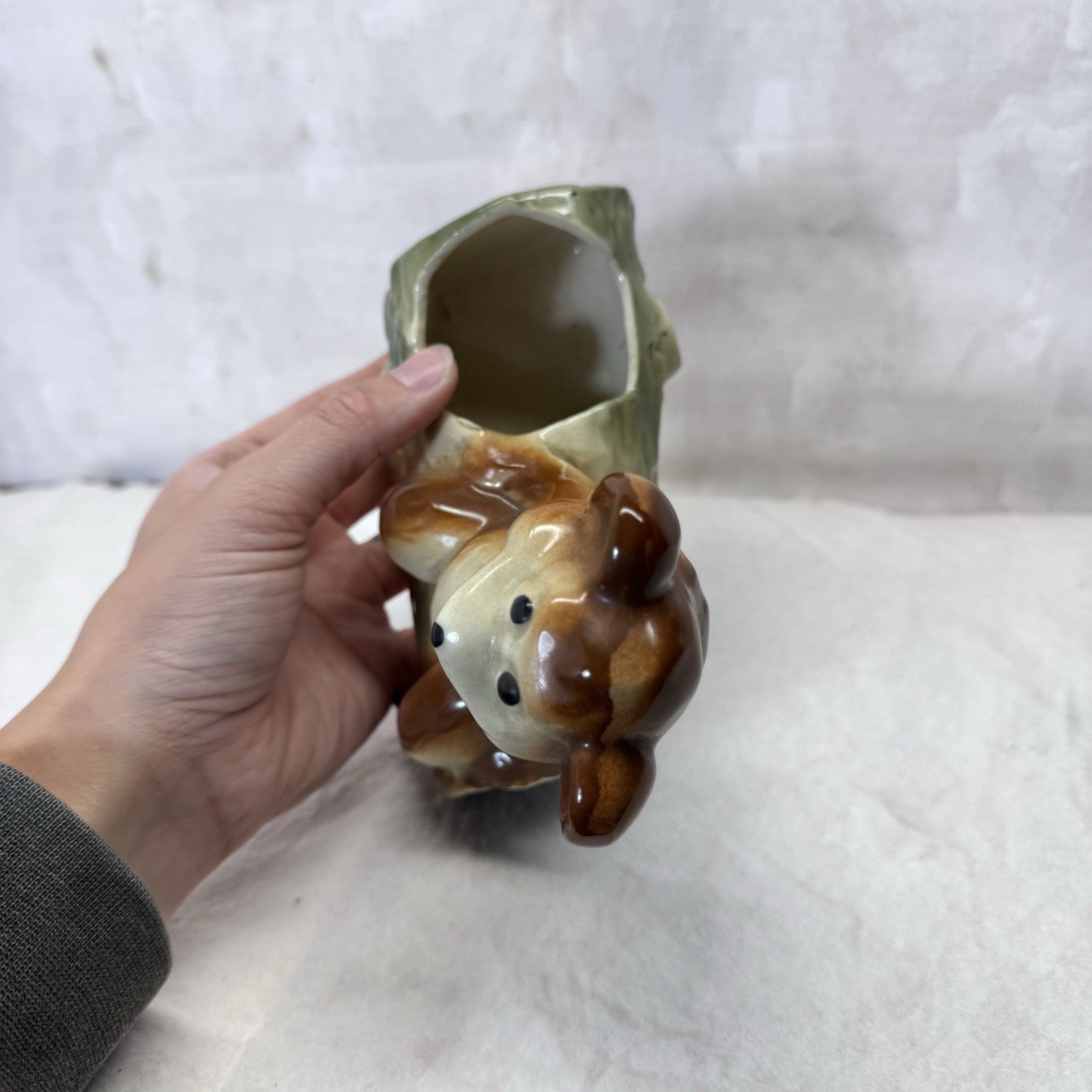 Bear On Log Planter Vintage Ceramic