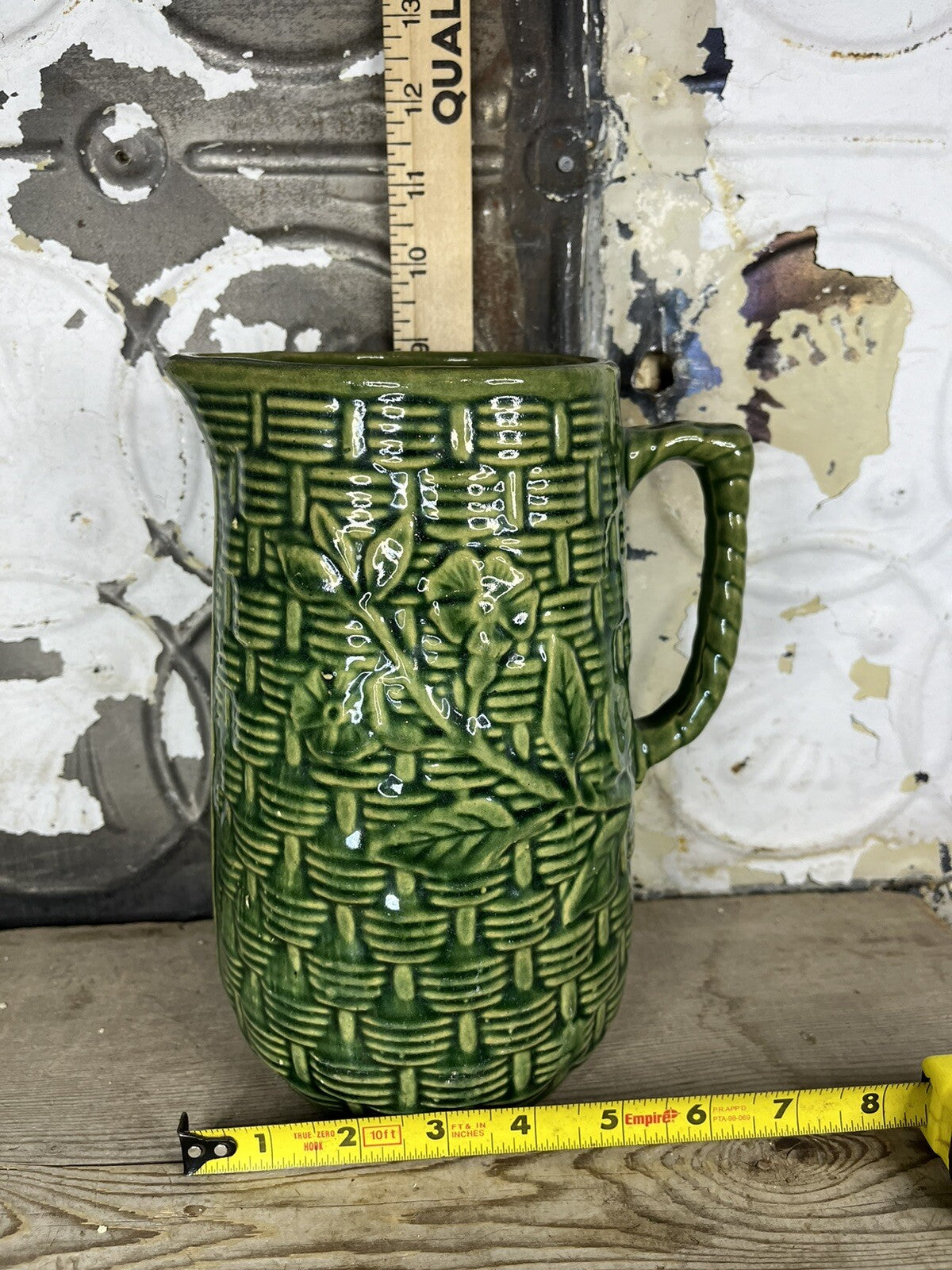 Primitive Antique Greenware Basket Weave Pitcher, Collectible,home Decor 