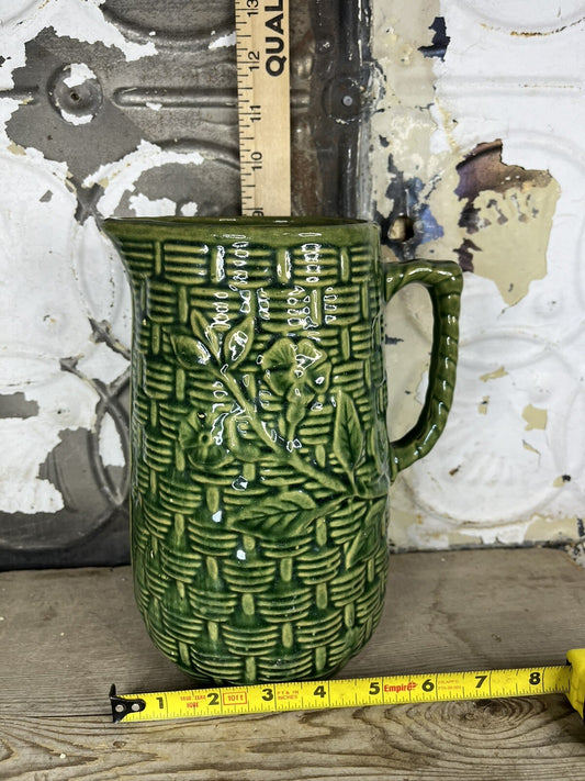 Primitive Antique Greenware Basket Weave Pitcher, Collectible,home Decor 