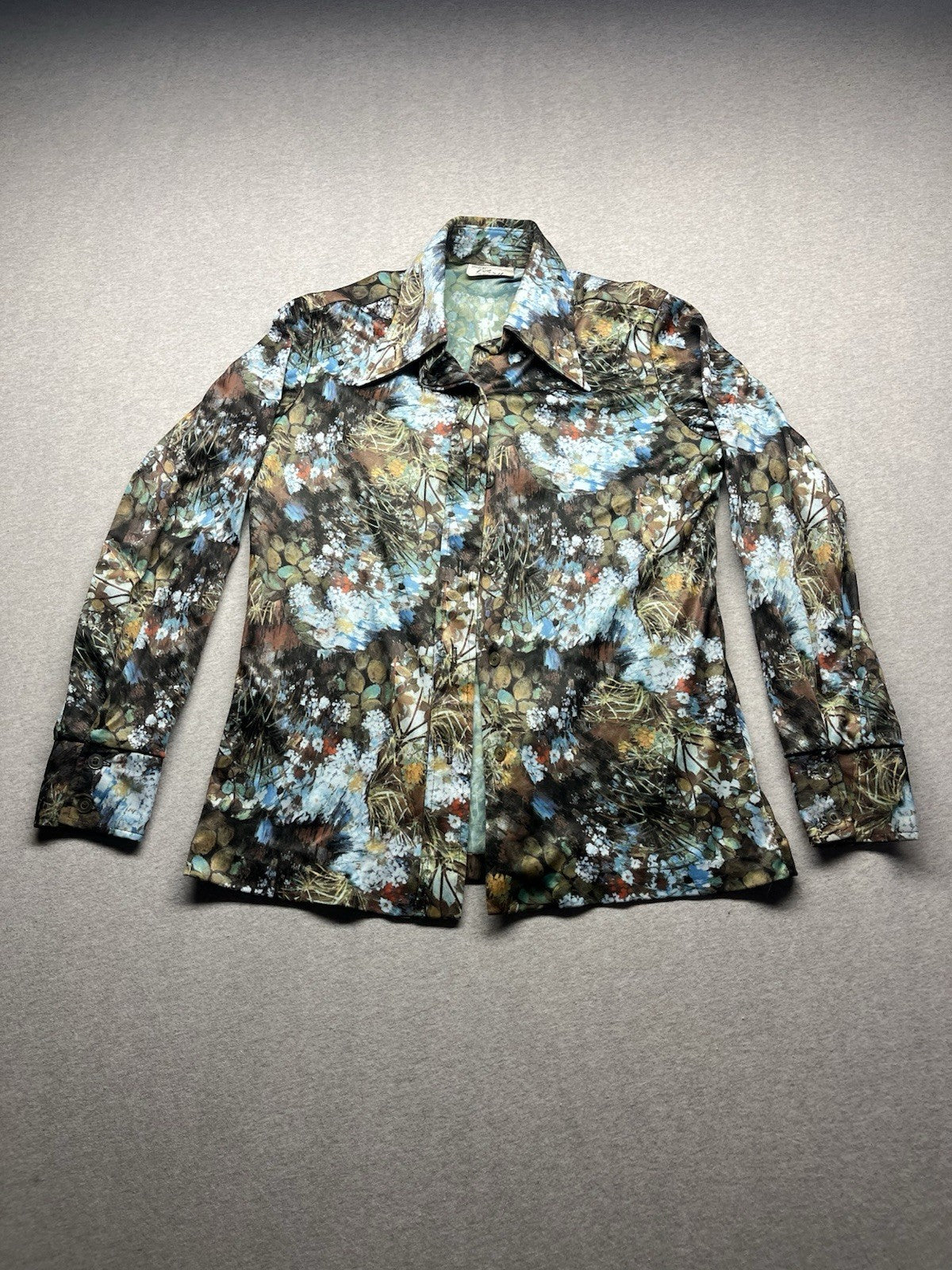 1960s, 70s Women’s Knit L Sleeve Brown Flowered Print Shirt By Terry