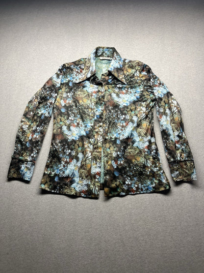 1960s, 70s Women’s Knit L Sleeve Brown Flowered Print Shirt By Terry