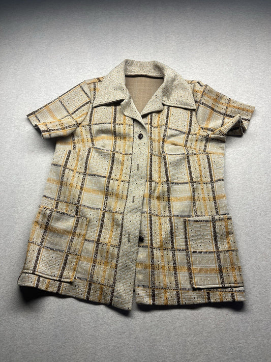 1970s Women’s Brown Plaid Knit S Sleeve W/pockets