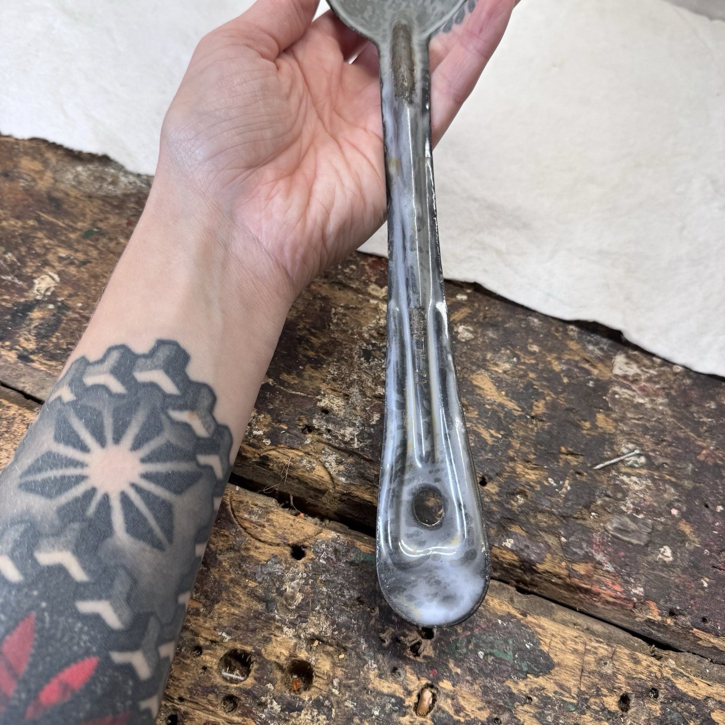 Gray Swirl Splatter Mottled Enamelware Spoon Vintage 