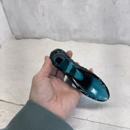 Teal Blue Antique Glass Daisy Pattern Shoe Vintage