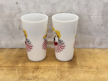 Hazel Atlas Carnival Clown Cups 2 Milk Glasses Vtg