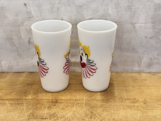 Hazel Atlas Carnival Clown Cups 2 Milk Glasses Vtg