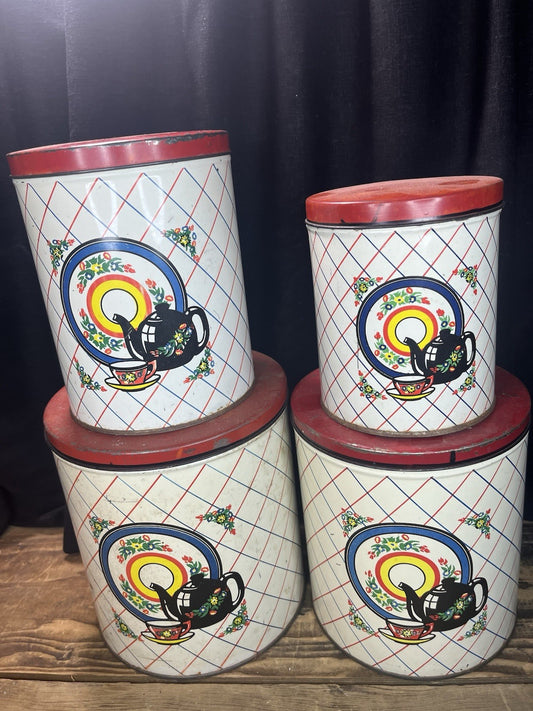Vintage 4 Piece Canister Set With Patina Double Sided 