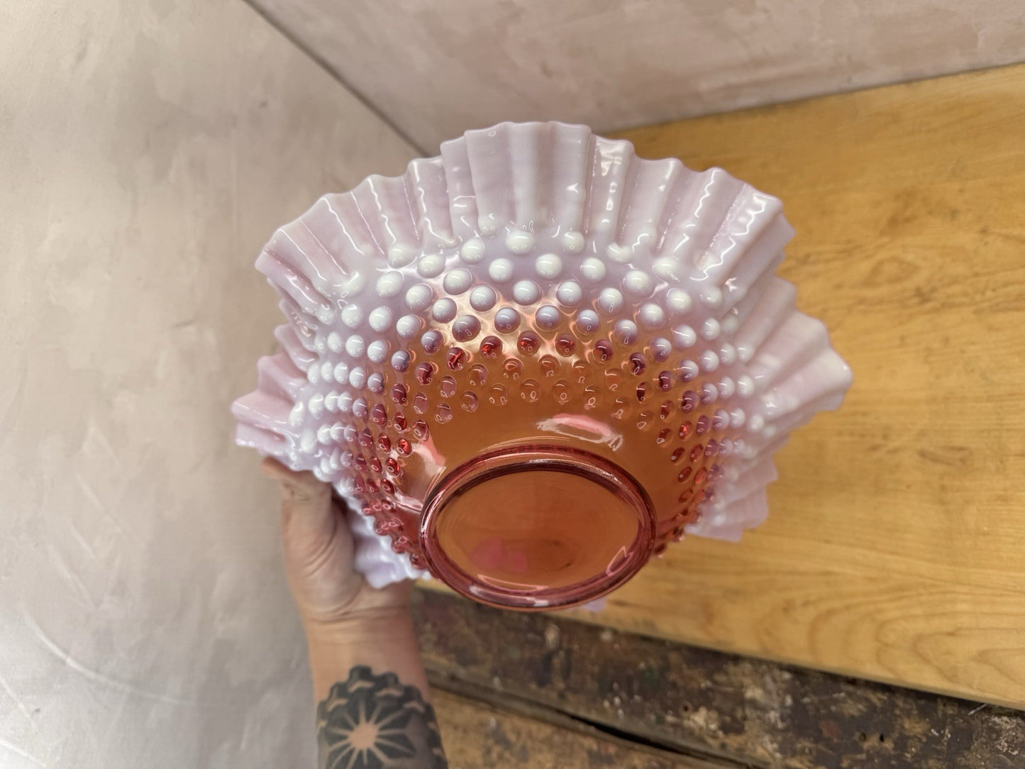 Vintage Fenton Cranberry Glass Bowl Dish Hobnail Opalescent Ruffle #1335