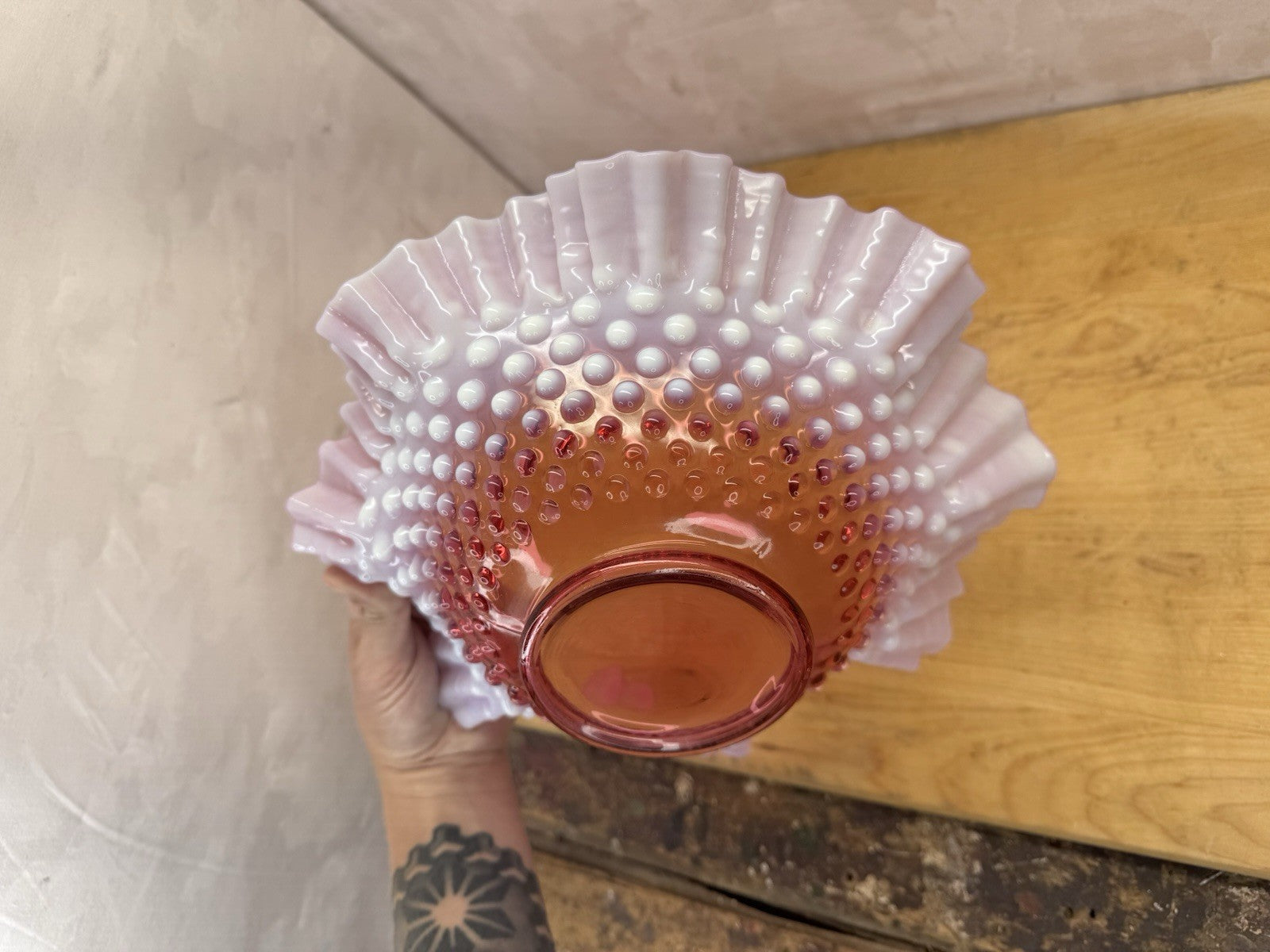 Vintage Fenton Cranberry Glass Bowl Dish Hobnail Opalescent Ruffle #1335