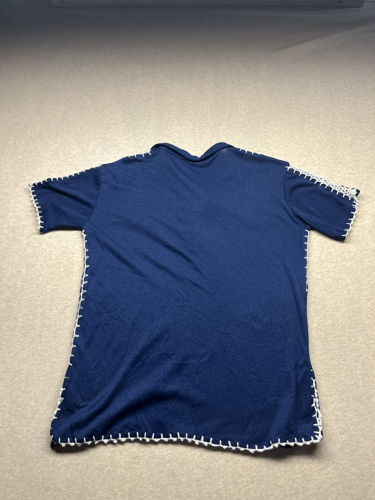 1980s Women’s Blue W/wht Trim Knit S Sleeve Top