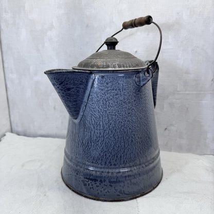Grey Enamelware Splatter Swirl Mottled Coffee Pot Vintage