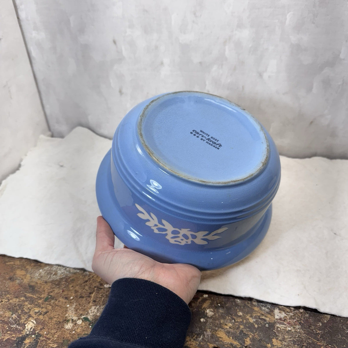 Blue Harker White Rose Carv-Kraft Cameoware Pottery Casserole Vintage