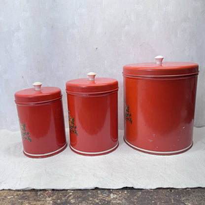 Red Nesting Kitchen Canister Set Of 3 Vintage