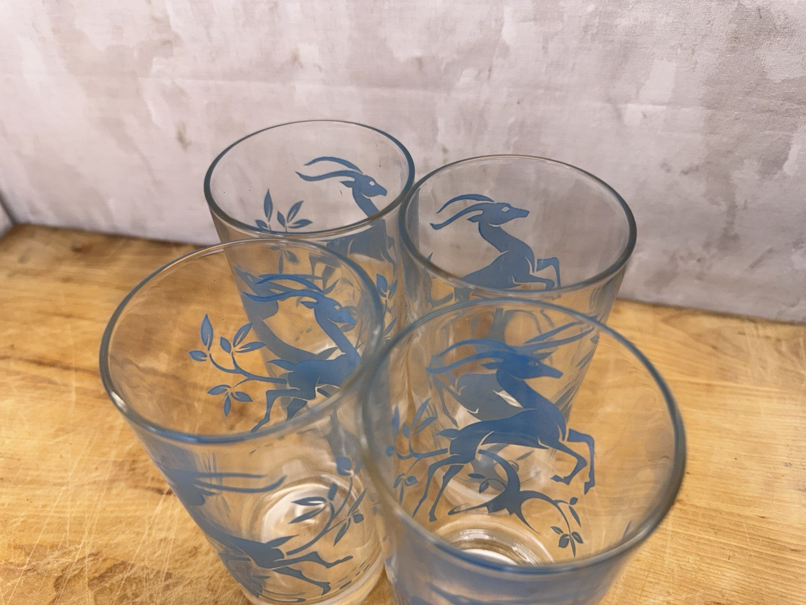 Blue Reindeer Set Of Four Clear Glass Vintage #1210