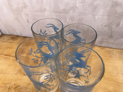 Blue Reindeer Set Of Four Clear Glass Vintage #1210