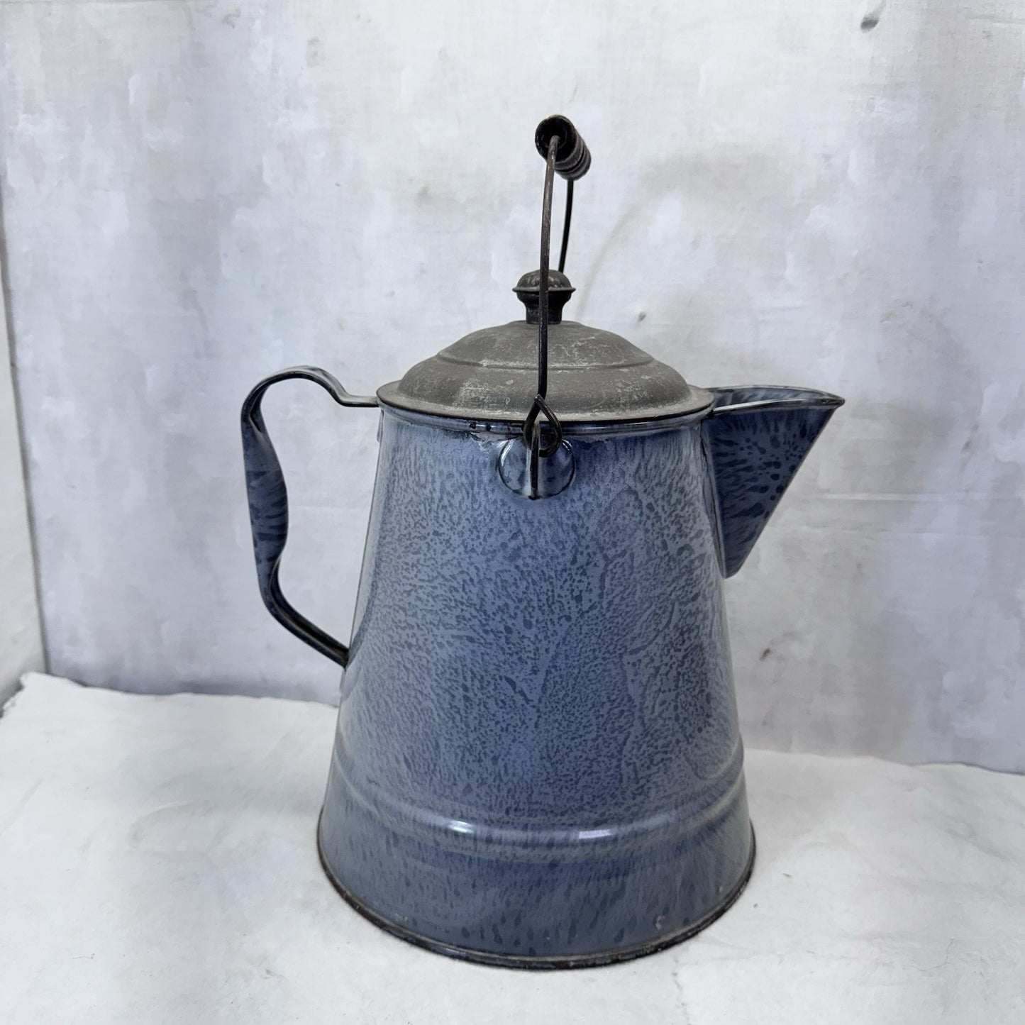 Grey Enamelware Splatter Swirl Mottled Coffee Pot Vintage