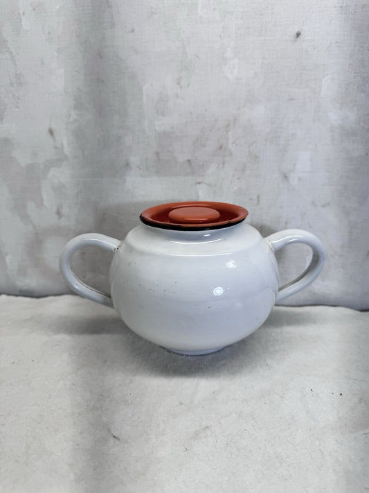 Vintage White Orange And Black Enamelware Double Handle Pot 