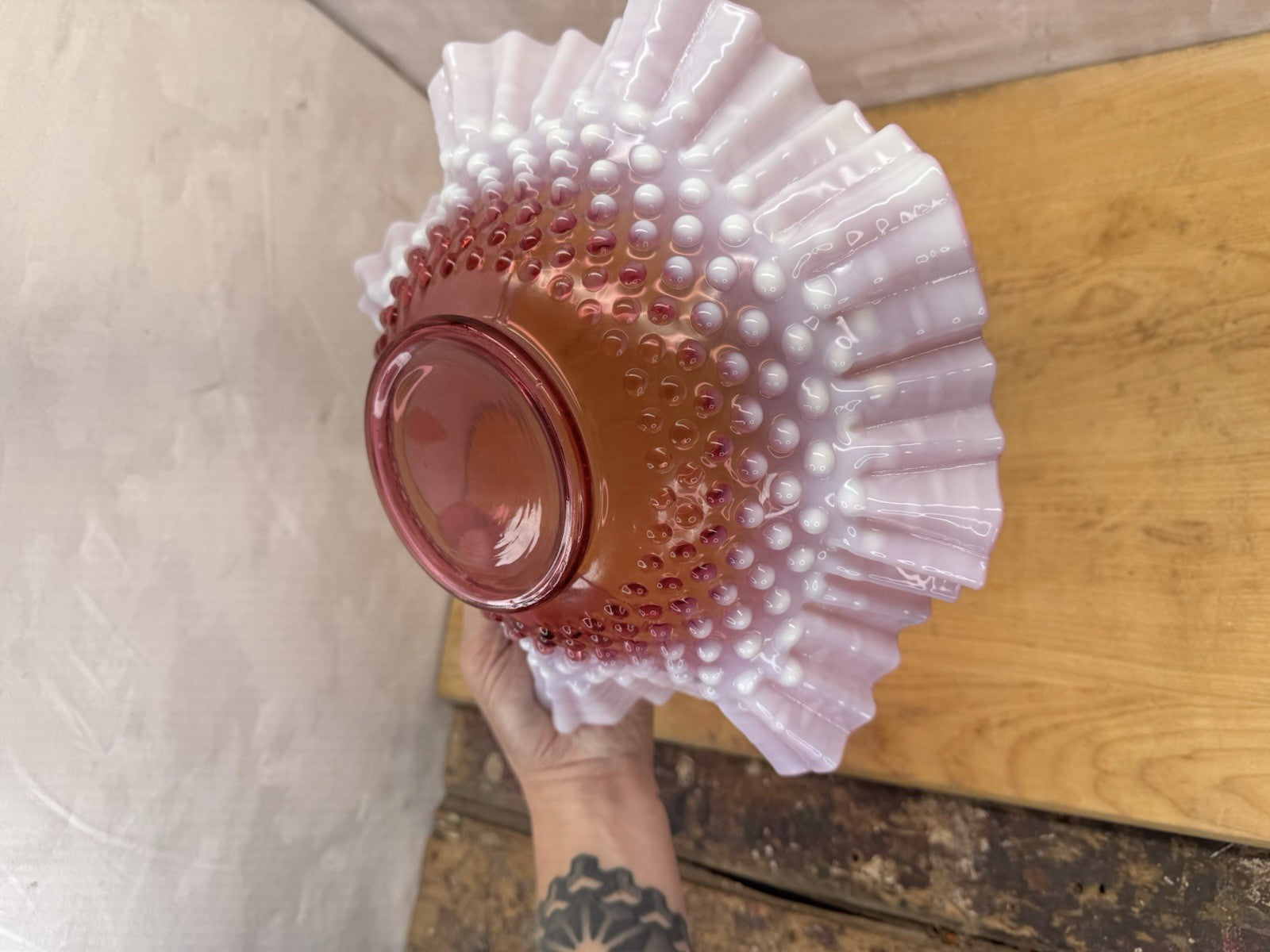 Vintage Fenton Cranberry Glass Bowl Dish Hobnail Opalescent Ruffle #1335
