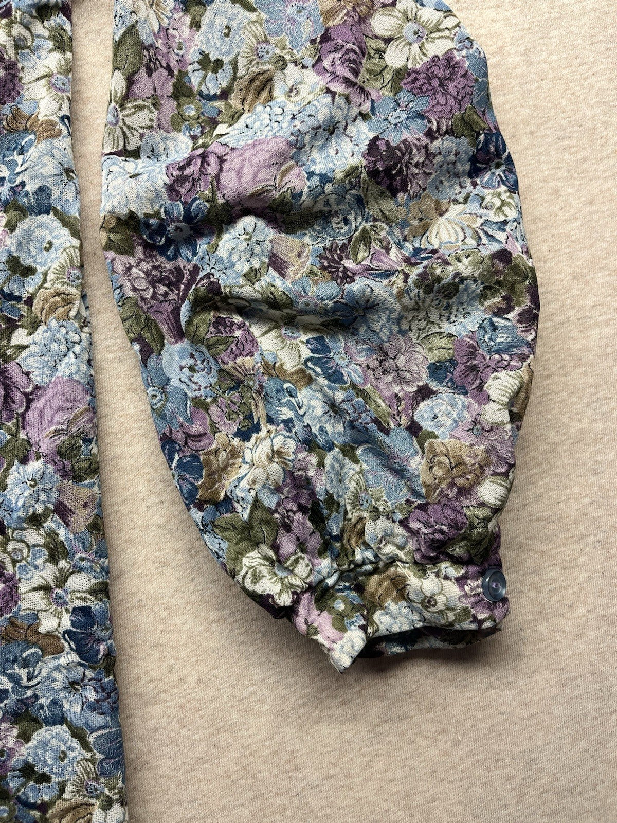 1960s, 70s Women’s Ruffled Knit Sheer Floral Print L Sleeve Top