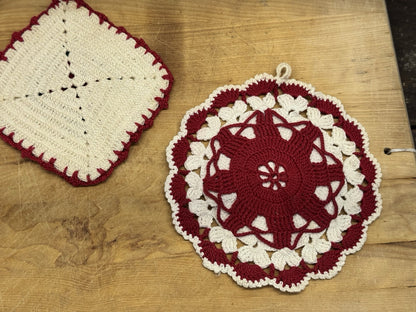 Handmade Crocheted 3 Potholders Vtg #1380