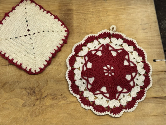 Handmade Crocheted 3 Potholders Vtg #1380