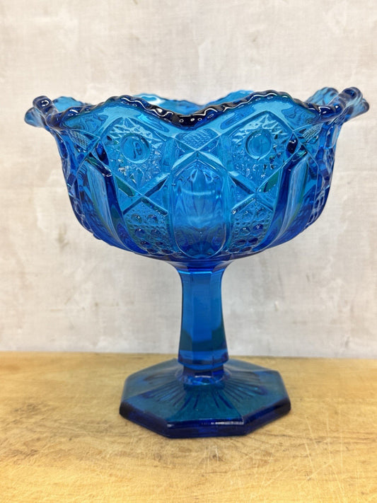 Vintage LE Smith Stars And Bars Turquoise Aqua Blue Glass Pedestal Compote Dish