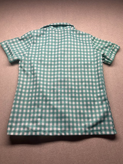 1970s Women’s Green Plaid S Sleeve knit Top W/pockets