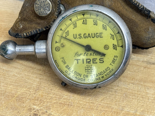 Antique Bike  Tire Gauge With Leather Pouch #1129