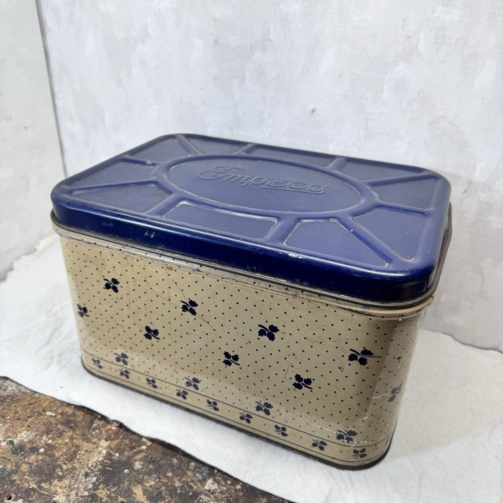 Empeco Blue Cream Tan Kitchen Bread Box Tin
