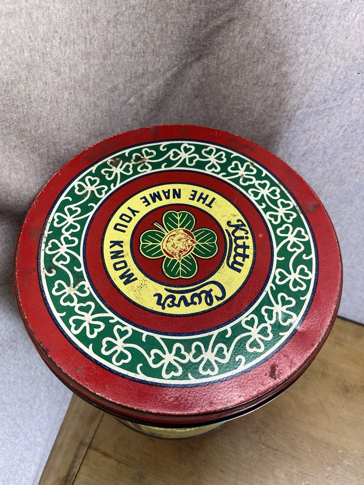 Vintage Kitty Clover Potato Chip Tin 14oz 1983 RED Retro Advertising