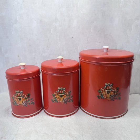 Red Nesting Kitchen Canister Set Of 3 Vintage