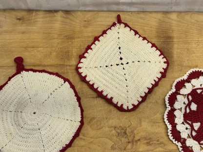 Handmade Crocheted 3 Potholders Vtg #1380
