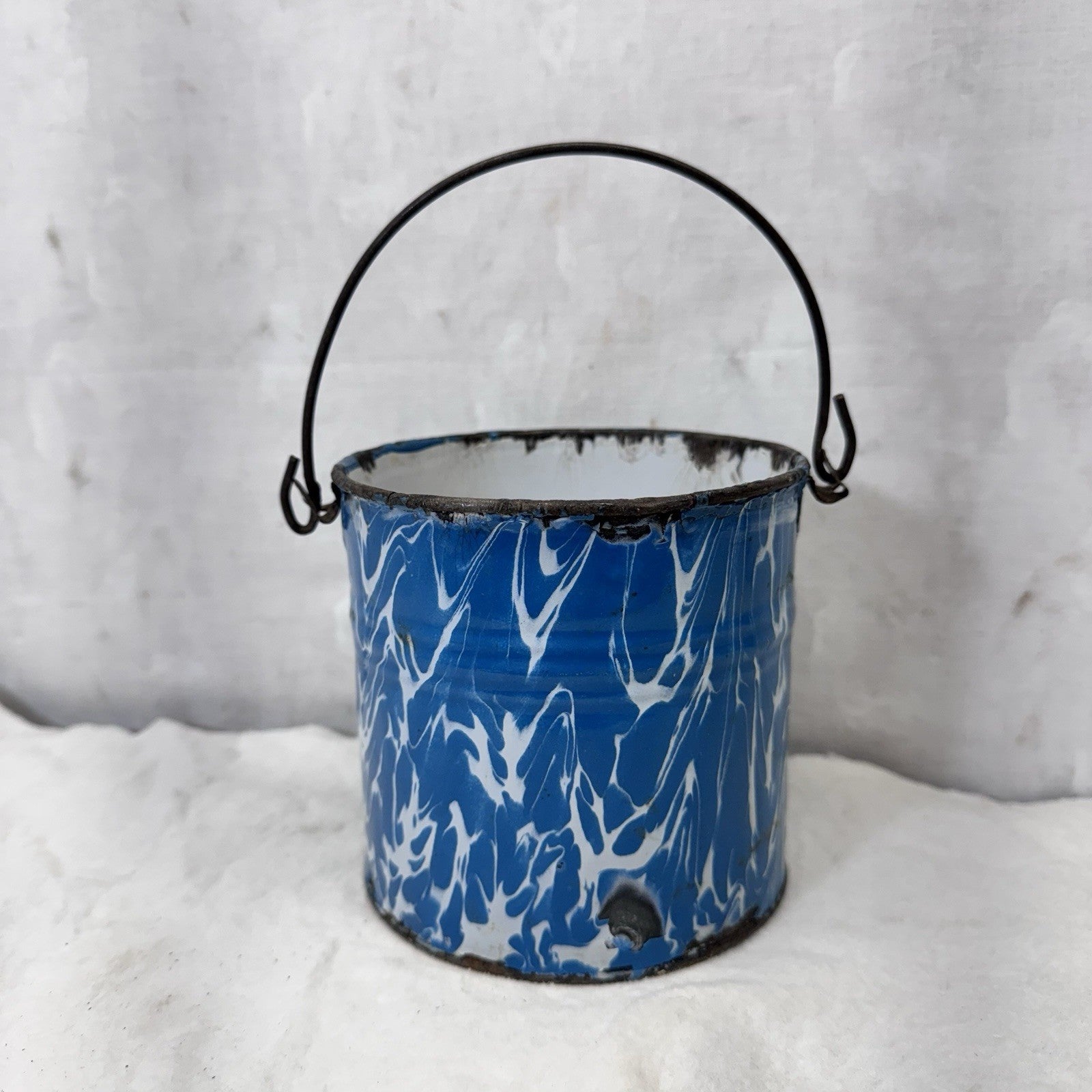 Blue White Swirl Mottled Splatter Enamelware Mini Berry Bucket Vintage